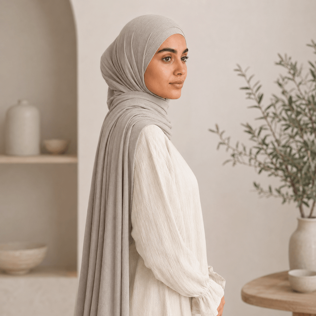 RY219 Stone Grey Cotton Ribbed Jersey Hijab Scarf – Soft Stretch Breathable Headscarf - Raya