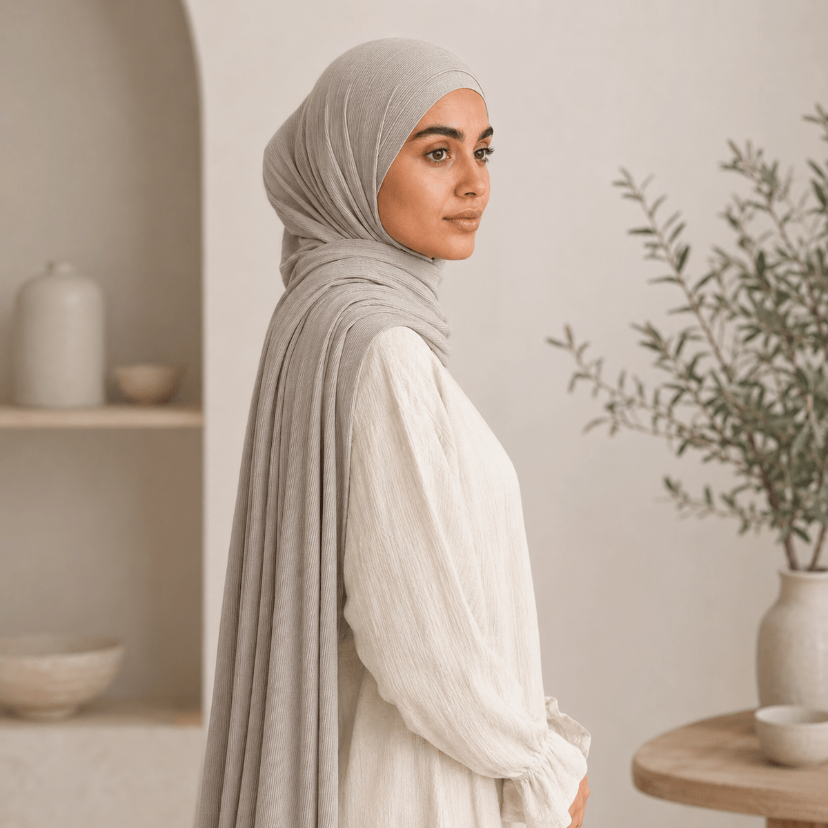 RY219 Stone Grey Cotton Ribbed Jersey Hijab Scarf – Soft Stretch Breathable Headscarf - Raya