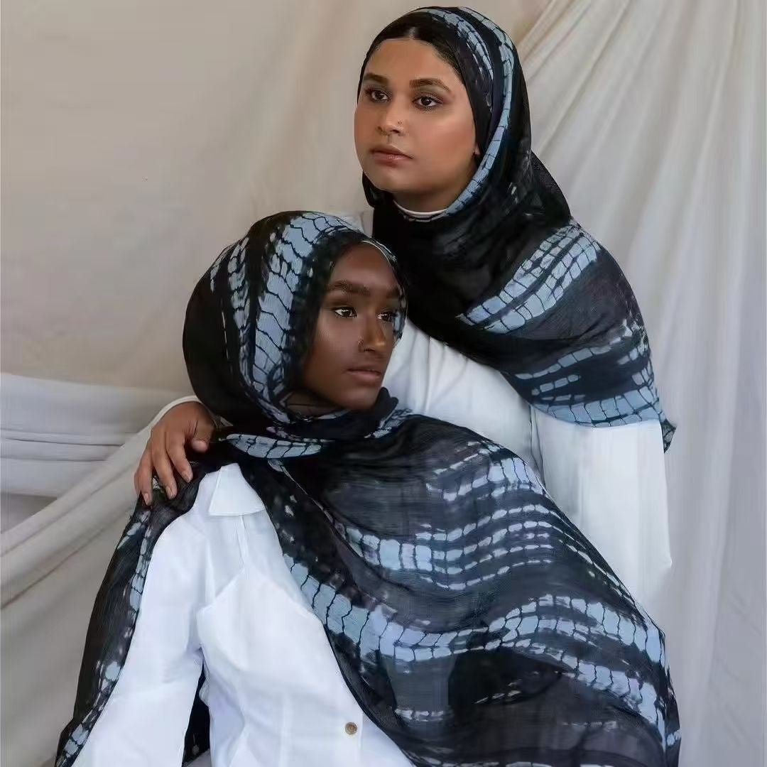 RY22 Black Shibori Grid Tie-Dye Hijab Shawl – Blue Grey Batik Women's Head Scarf (80×180cm) - Raya