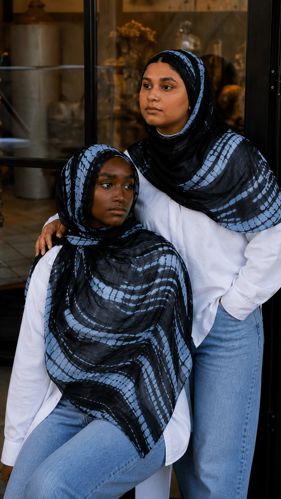 RY22 Black Shibori Grid Tie-Dye Hijab Shawl – Blue Grey Batik Women's Head Scarf (80×180cm) - Raya