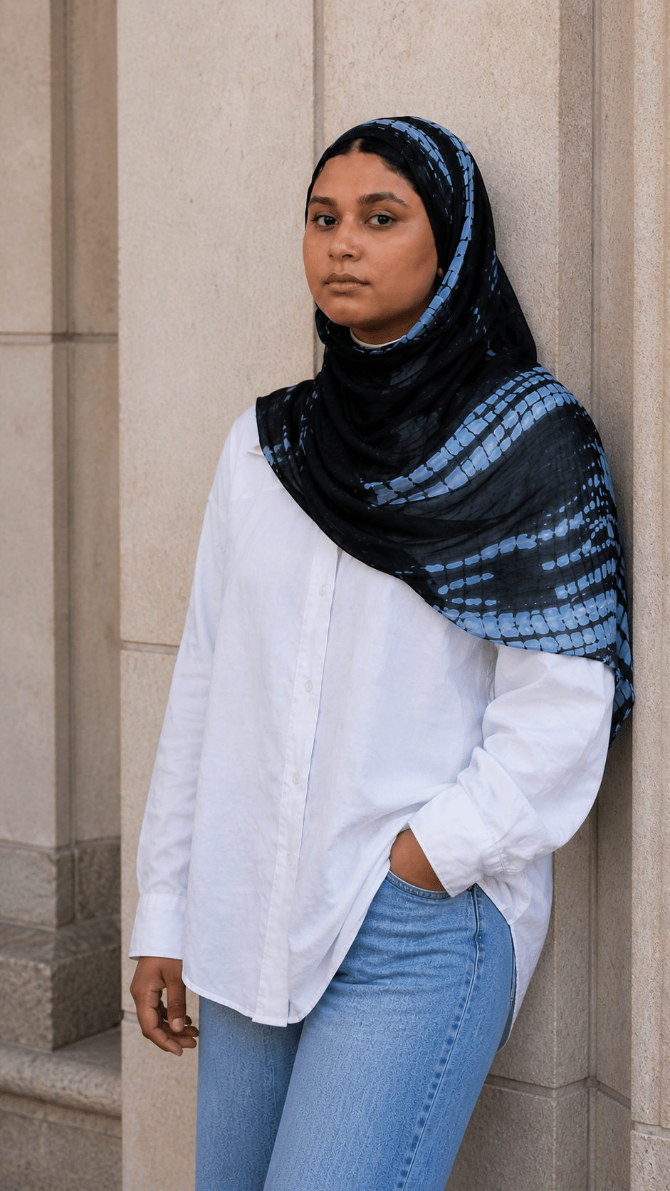 RY22 Black Shibori Grid Tie-Dye Hijab Shawl – Blue Grey Batik Women's Head Scarf (80×180cm) - Raya