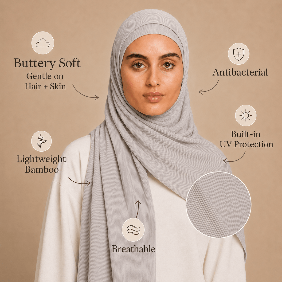RY220 Light Silver Grey Cotton Ribbed Jersey Hijab Scarf – Soft Stretch Breathable Headscarf - Raya
