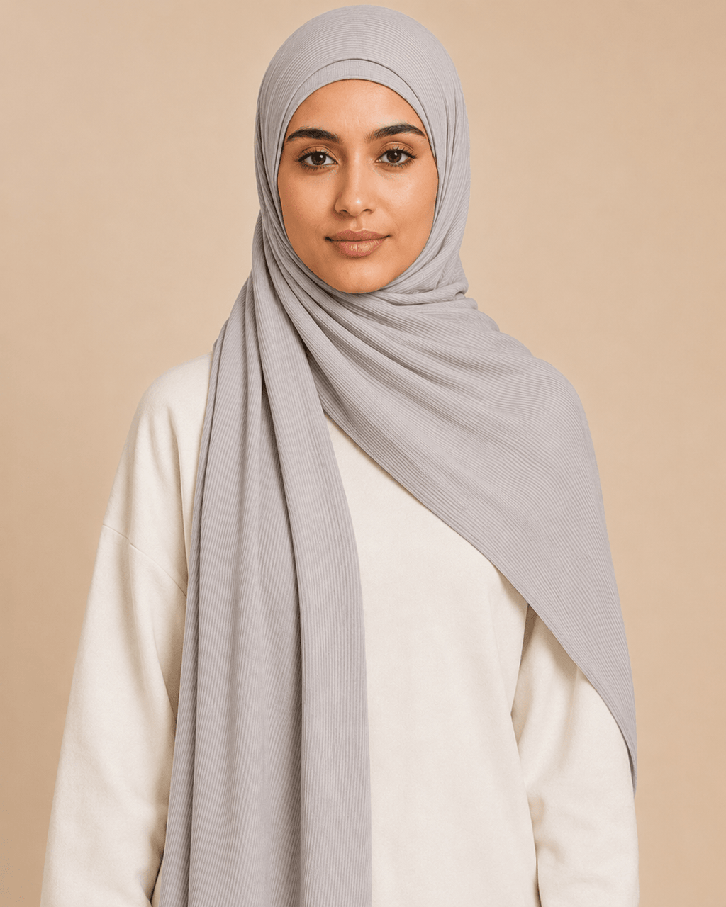 RY220 Light Silver Grey Cotton Ribbed Jersey Hijab Scarf – Soft Stretch Breathable Headscarf - Raya