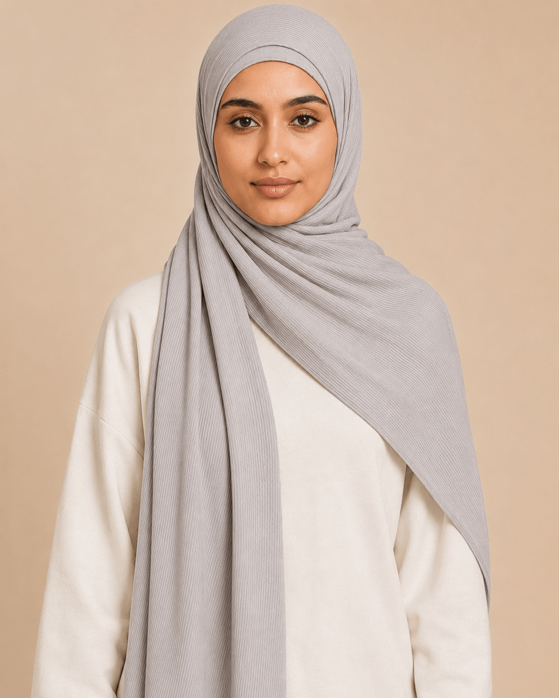 RY220 Light Silver Grey Cotton Ribbed Jersey Hijab Scarf – Soft Stretch Breathable Headscarf - Raya