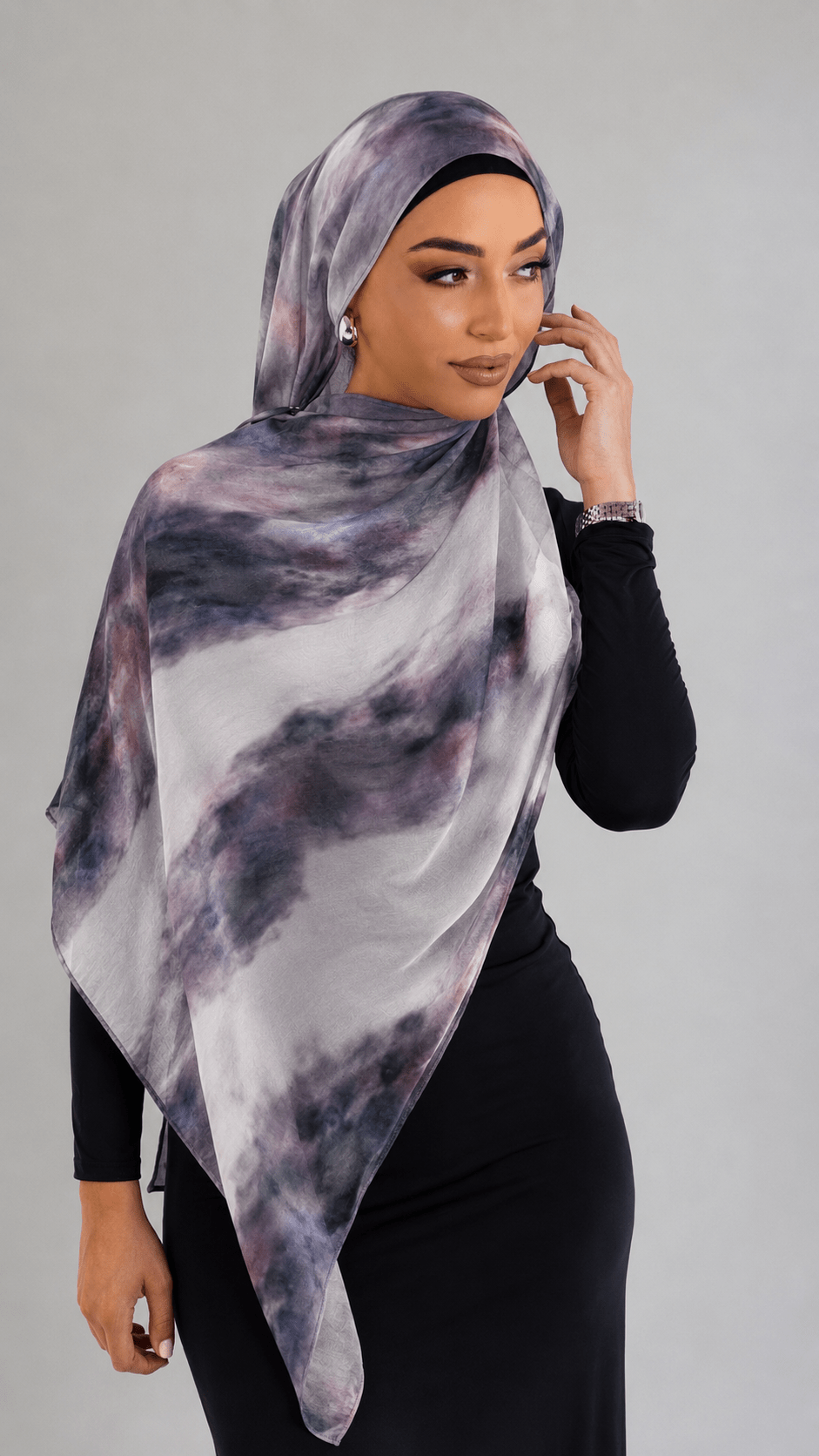 RY220 Smoky Purple Printed Liquid Jersey Hijab – Soft Premium Drape Scarf - Raya