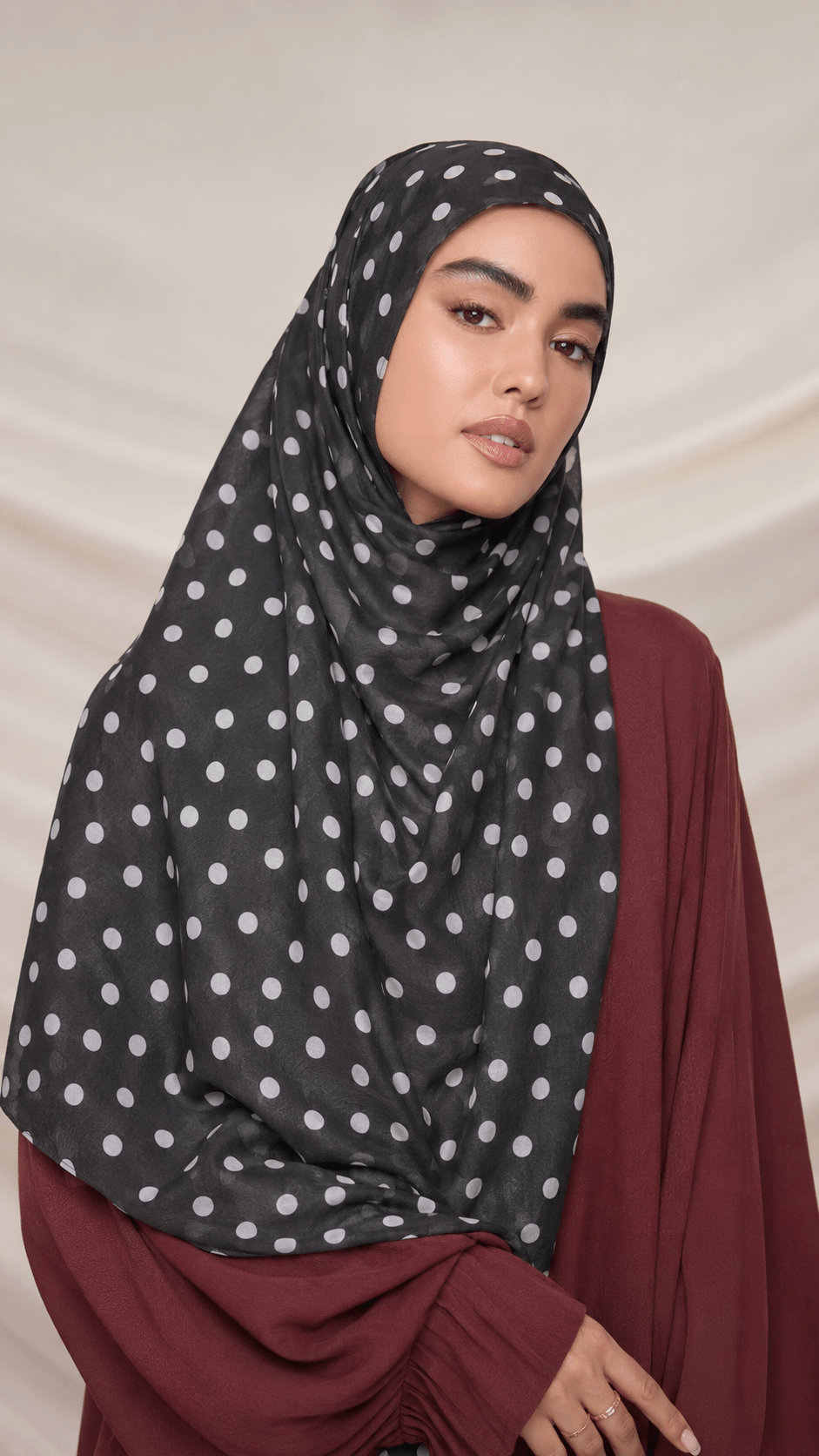 RY221 Black Polka Dot Printed Liquid Jersey Hijab – Soft Premium Drape Scarf - Raya