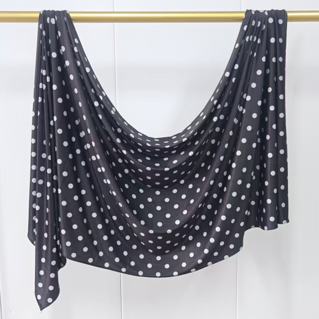 RY221 Black Polka Dot Printed Liquid Jersey Hijab – Soft Premium Drape Scarf - Raya