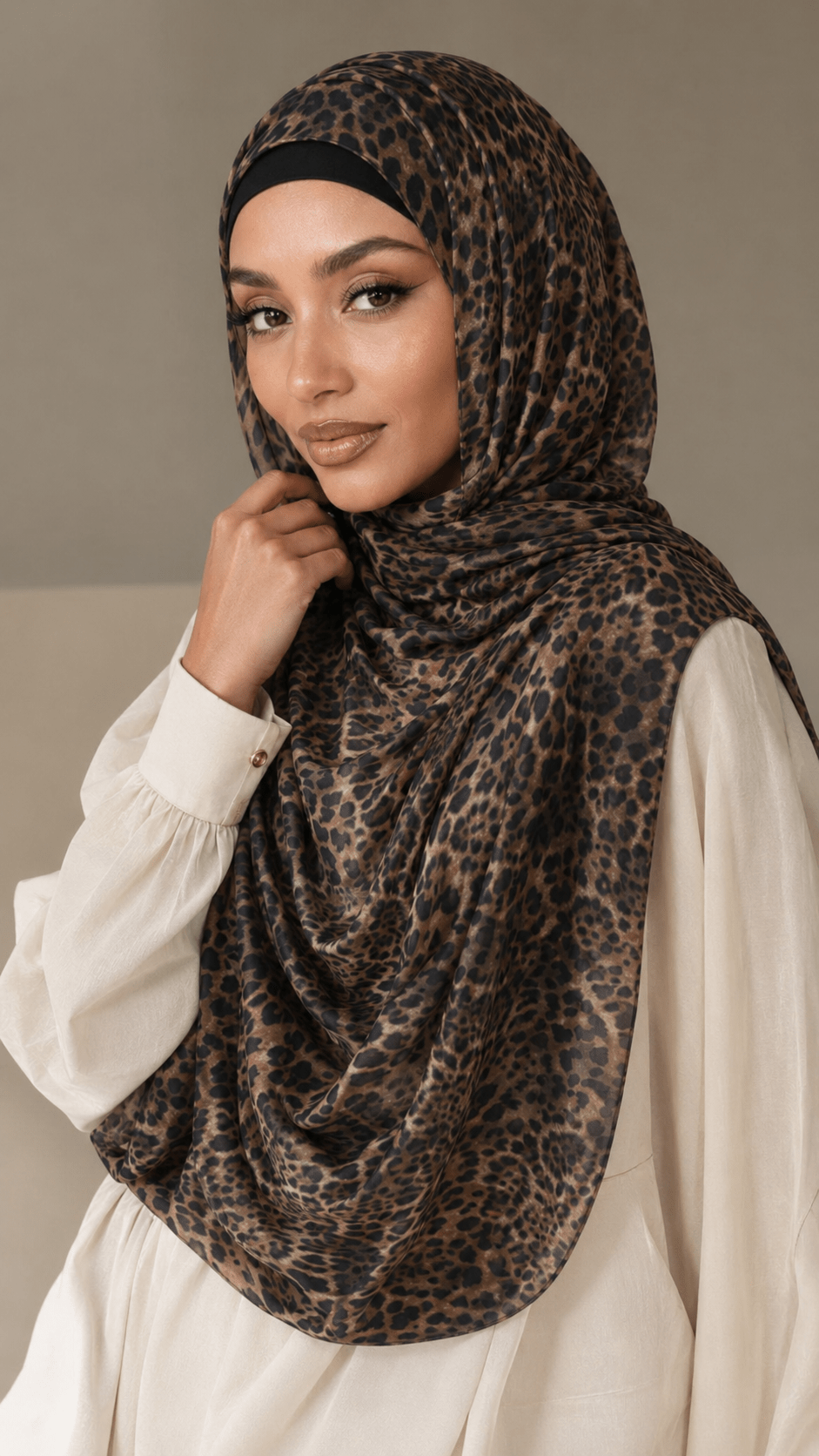 RY222 Brown Leopard Print Liquid Jersey Hijab – Soft Premium Drape Scarf - Raya