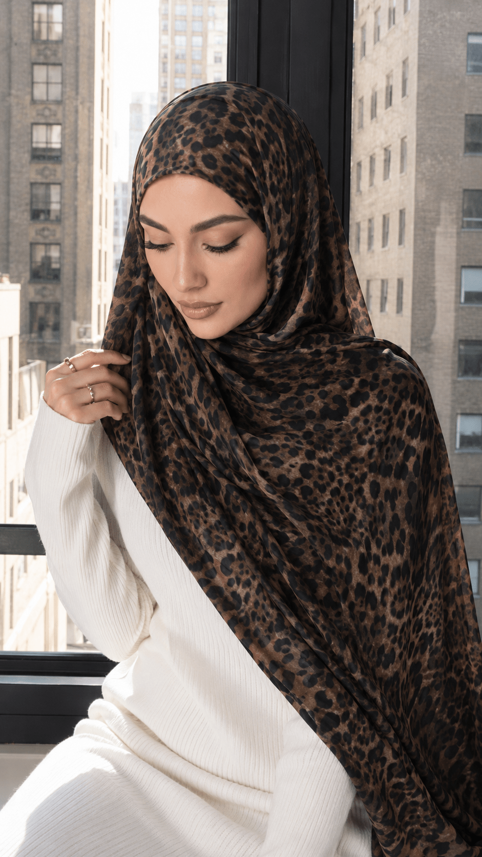 RY222 Brown Leopard Print Liquid Jersey Hijab – Soft Premium Drape Scarf - Raya