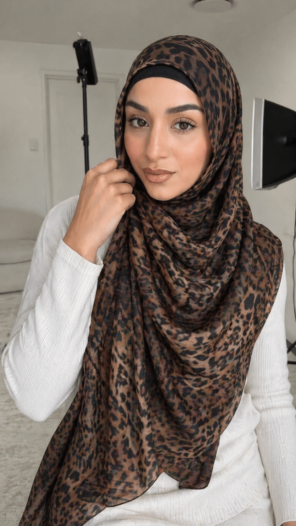 RY222 Brown Leopard Print Liquid Jersey Hijab – Soft Premium Drape Scarf - Raya