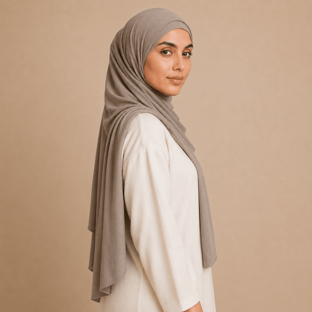 RY222 Mushroom Taupe Cotton Ribbed Jersey Hijab Scarf – Soft Stretch Breathable Headscarf - Raya