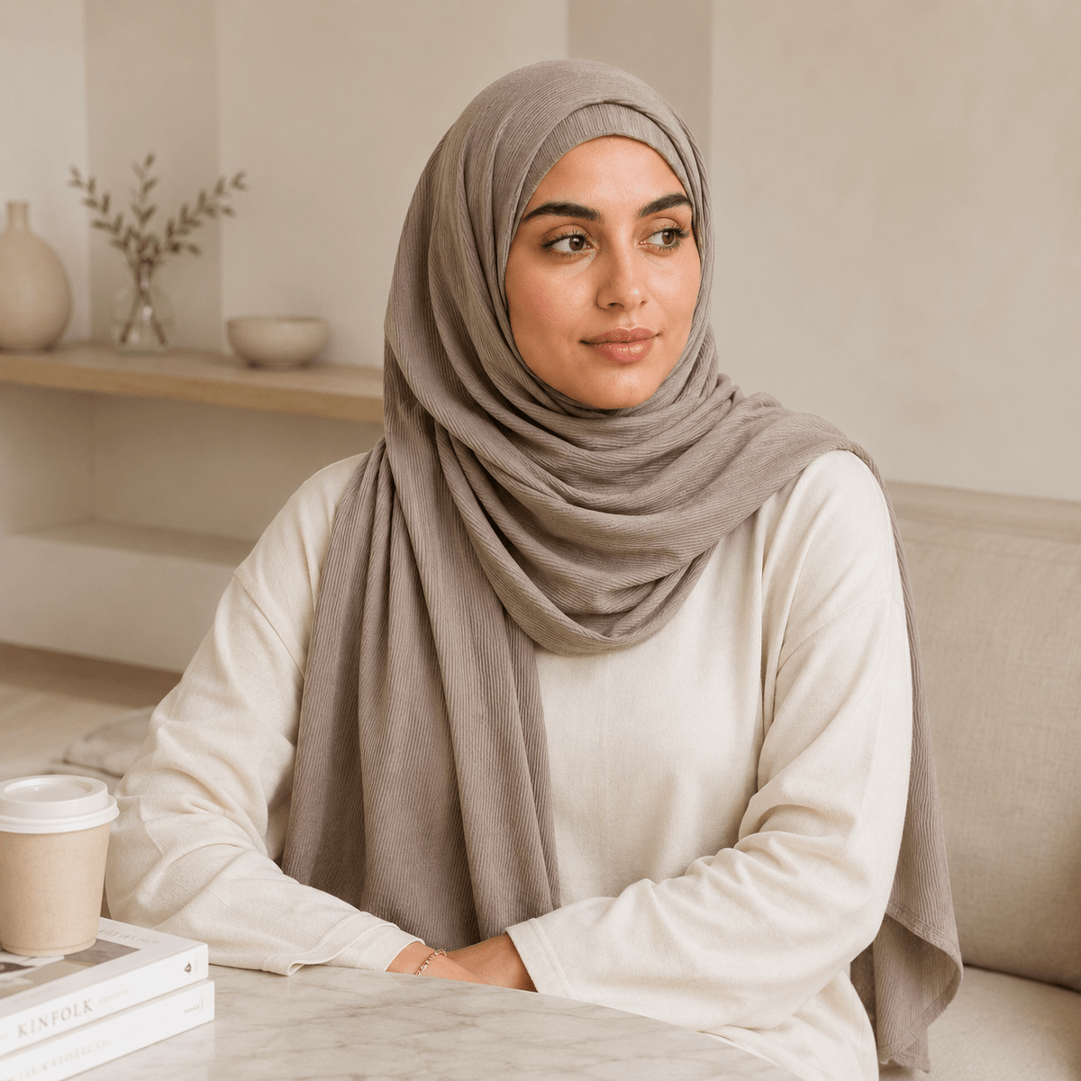RY222 Mushroom Taupe Cotton Ribbed Jersey Hijab Scarf – Soft Stretch Breathable Headscarf - Raya