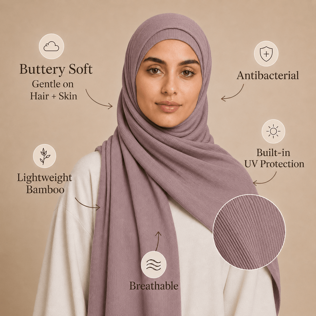 RY223 Dusty Mauve Cotton Ribbed Jersey Hijab Scarf – Soft Stretch Breathable Headscarf - Raya