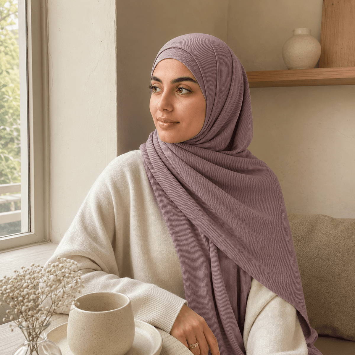 RY223 Dusty Mauve Cotton Ribbed Jersey Hijab Scarf – Soft Stretch Breathable Headscarf - Raya