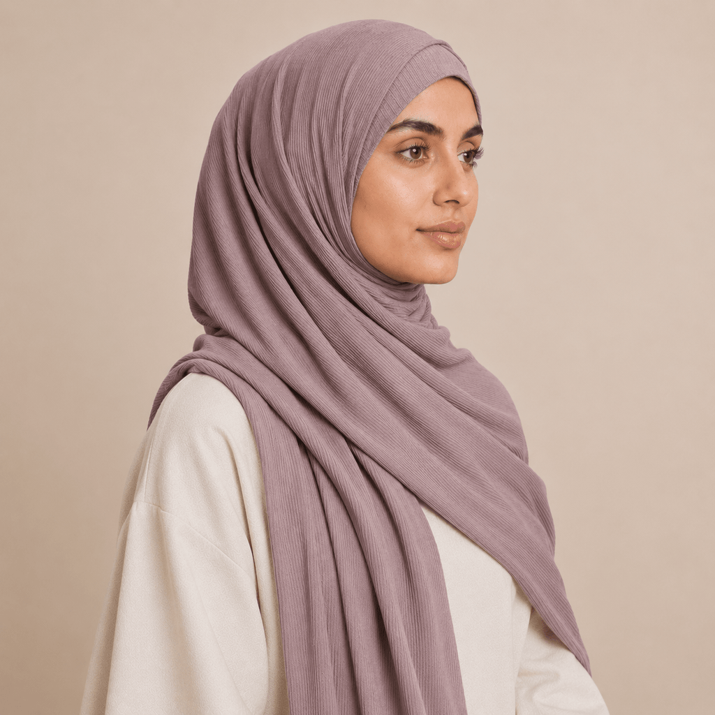 RY223 Dusty Mauve Cotton Ribbed Jersey Hijab Scarf – Soft Stretch Breathable Headscarf - Raya