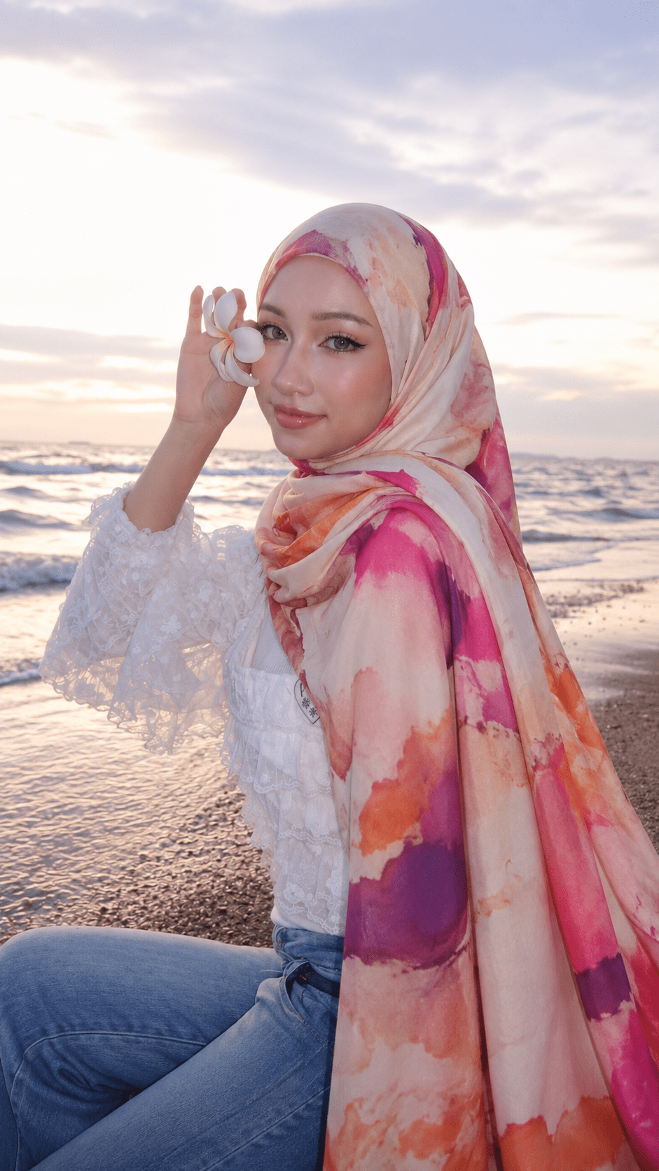 RY224 Coral Burgundy Watercolor Printed Liquid Jersey Hijab – Soft Premium Drape Scarf - Raya