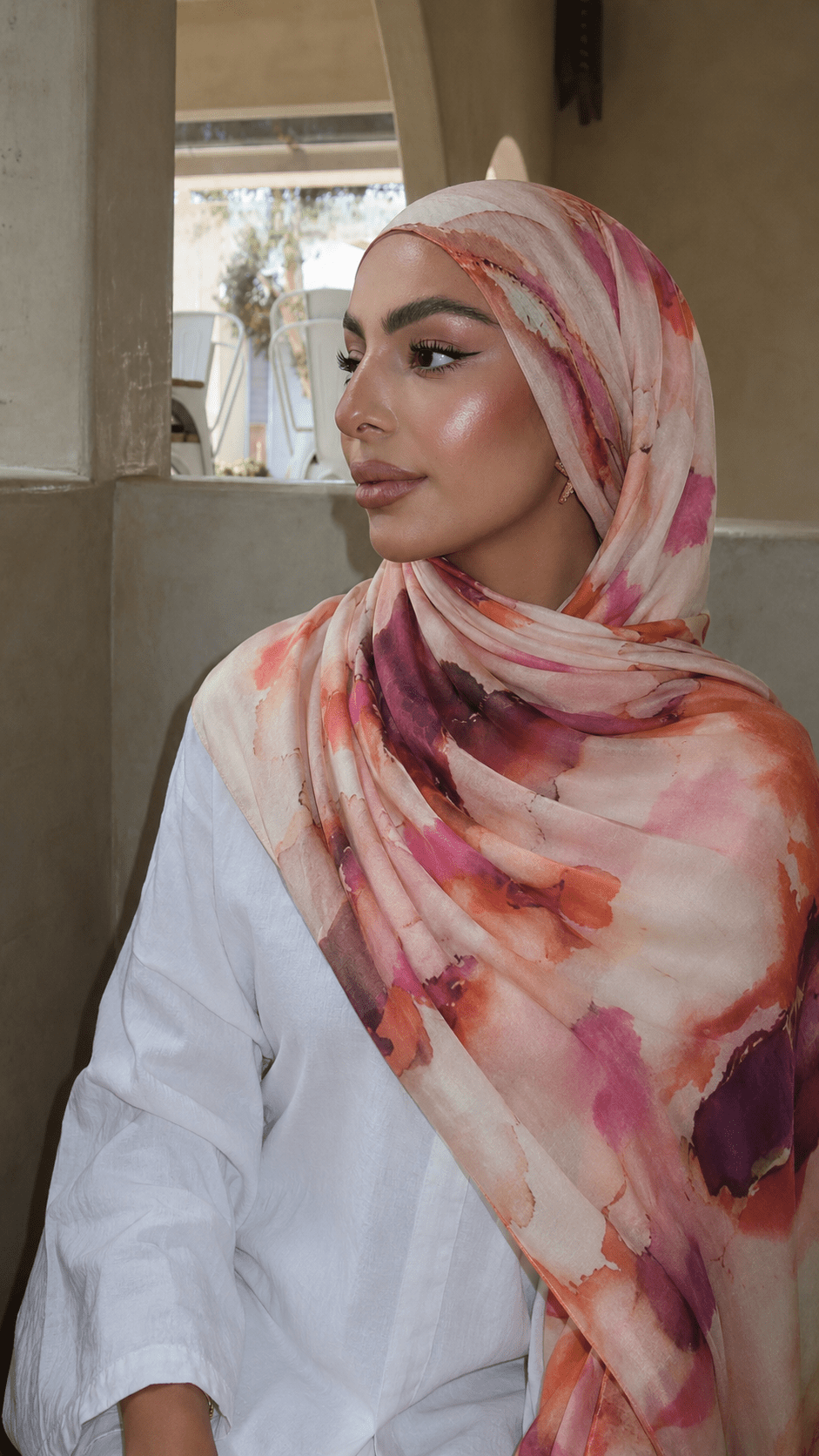 RY224 Coral Burgundy Watercolor Printed Liquid Jersey Hijab – Soft Premium Drape Scarf - Raya
