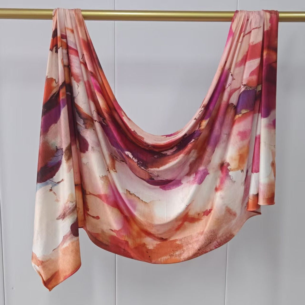 RY224 Coral Burgundy Watercolor Printed Liquid Jersey Hijab – Soft Premium Drape Scarf - Raya