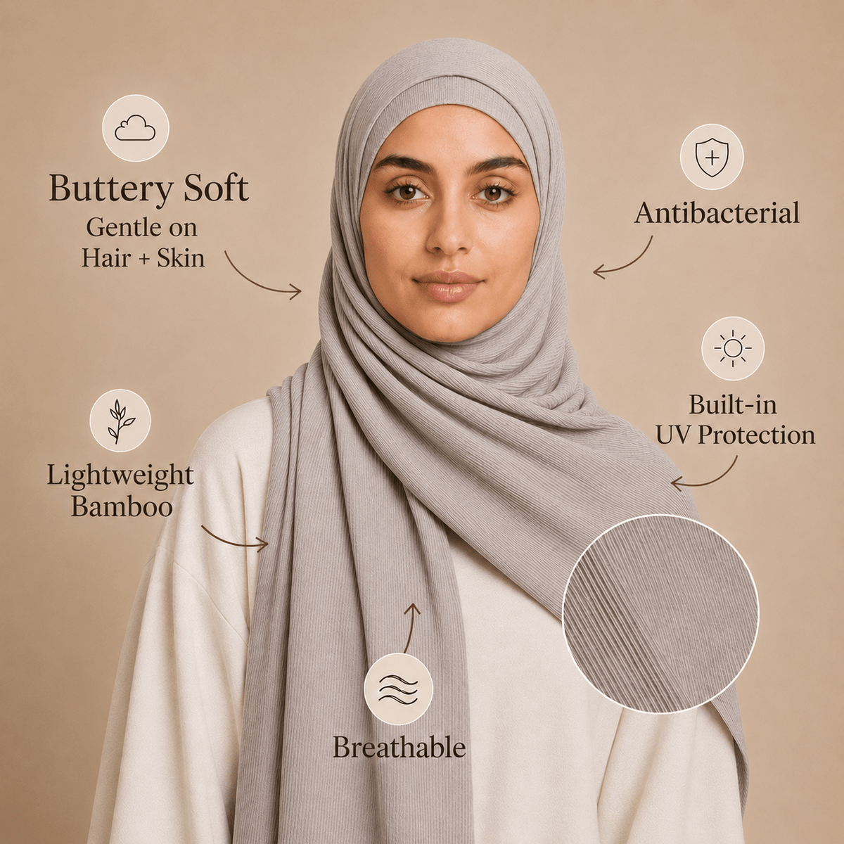 RY224 Stone Taupe Cotton Ribbed Jersey Hijab Scarf – Soft Stretch Breathable Headscarf - Raya