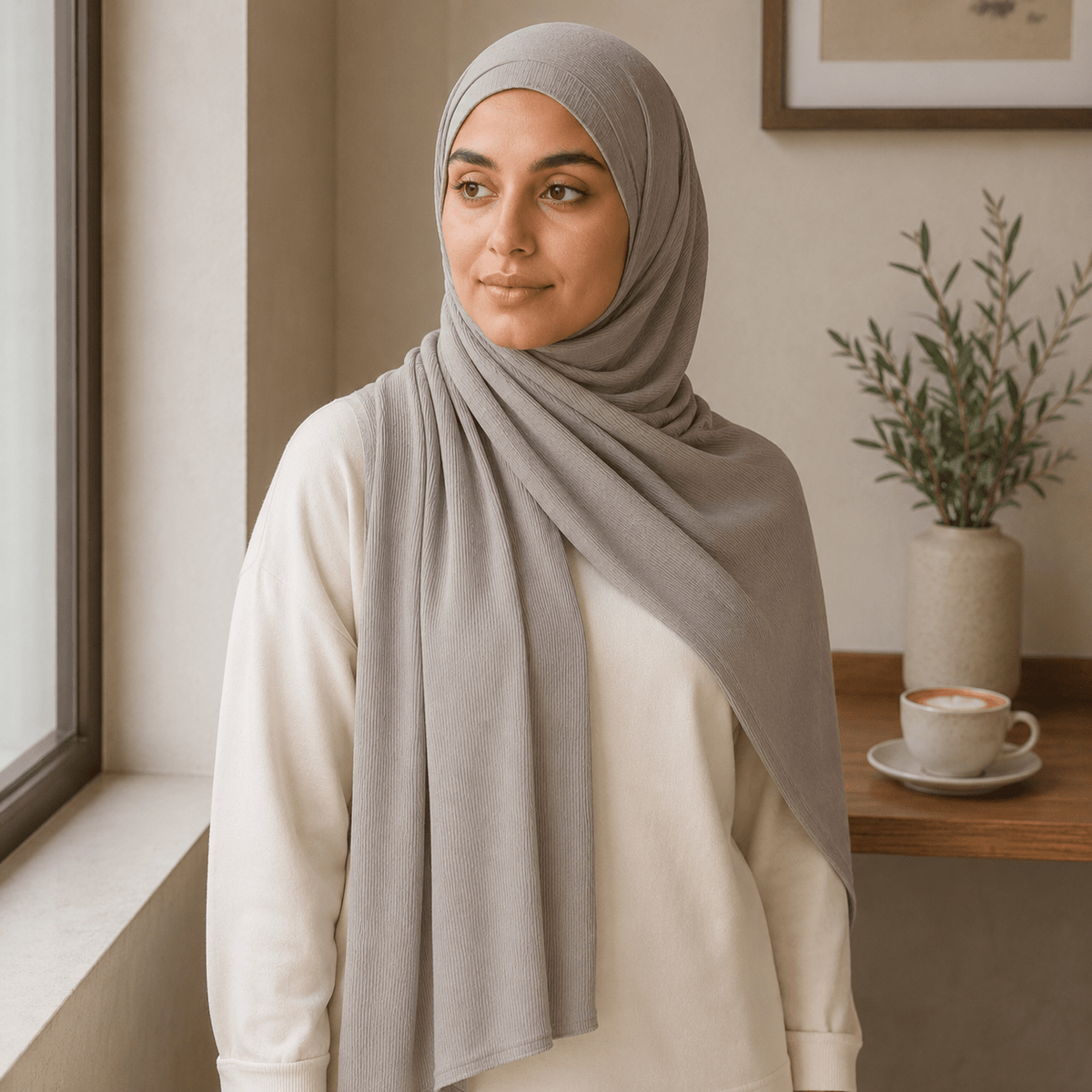 RY224 Stone Taupe Cotton Ribbed Jersey Hijab Scarf – Soft Stretch Breathable Headscarf - Raya