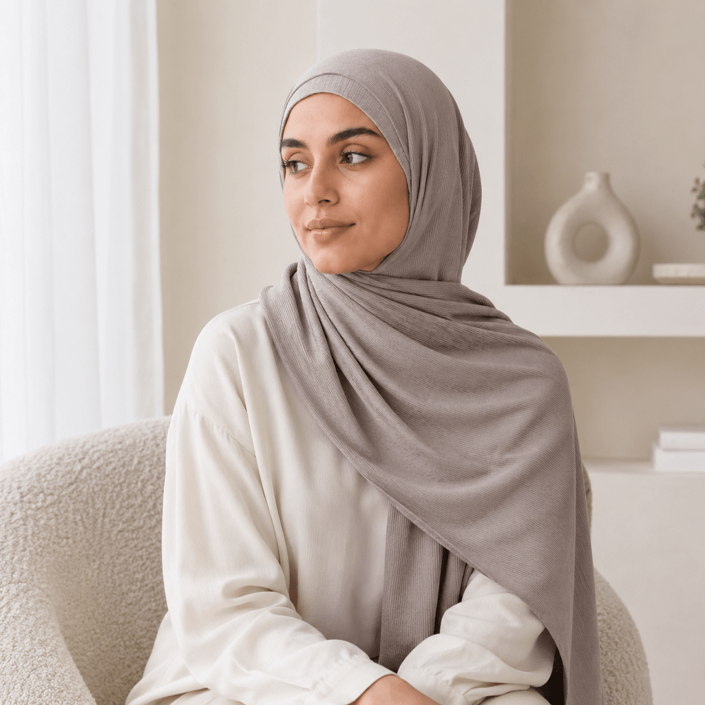 RY224 Stone Taupe Cotton Ribbed Jersey Hijab Scarf – Soft Stretch Breathable Headscarf - Raya