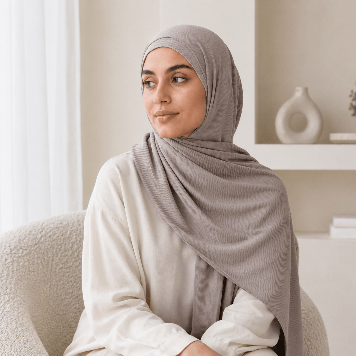 RY224 Stone Taupe Cotton Ribbed Jersey Hijab Scarf – Soft Stretch Breathable Headscarf - Raya
