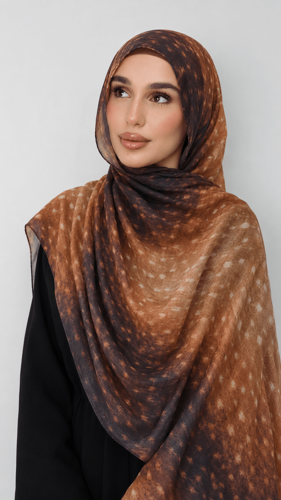 RY225 Amber Mocha Printed Liquid Jersey Hijab – Soft Premium Drape Scarf - Raya
