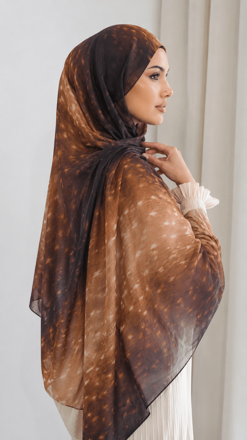 RY225 Amber Mocha Printed Liquid Jersey Hijab – Soft Premium Drape Scarf - Raya
