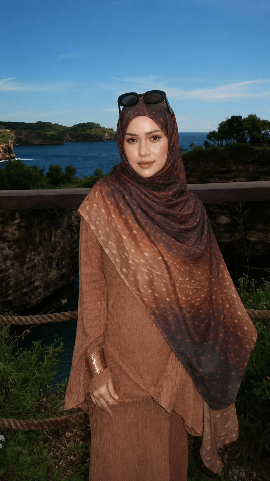 RY225 Amber Mocha Printed Liquid Jersey Hijab – Soft Premium Drape Scarf - Raya