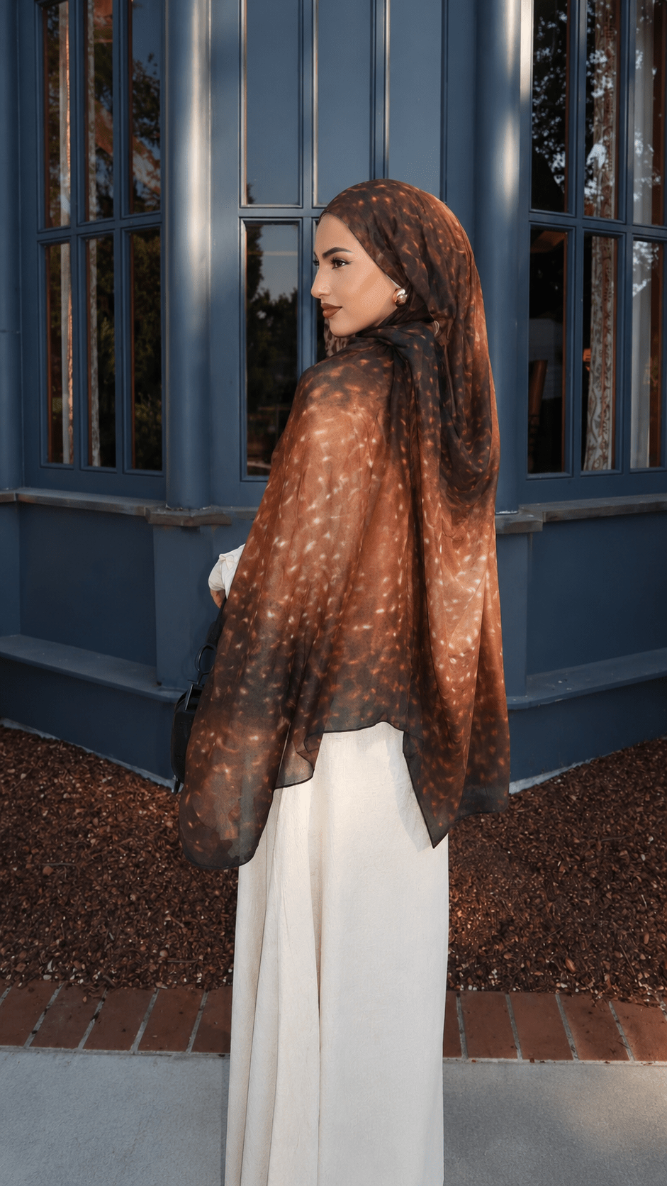 RY225 Amber Mocha Printed Liquid Jersey Hijab – Soft Premium Drape Scarf - Raya