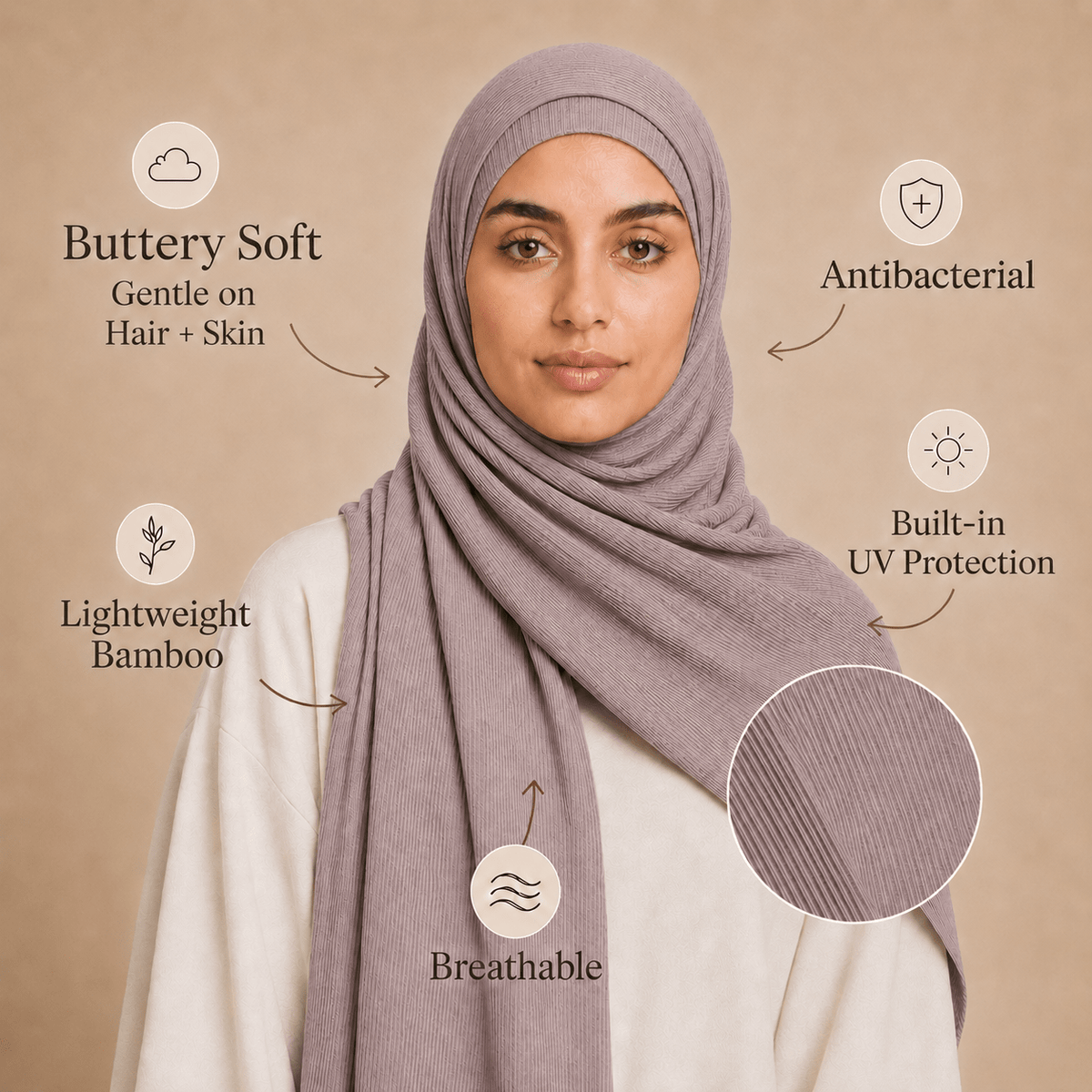 RY225 Mauve Taupe Cotton Ribbed Jersey Hijab Scarf – Soft Stretch Breathable Headscarf - Raya
