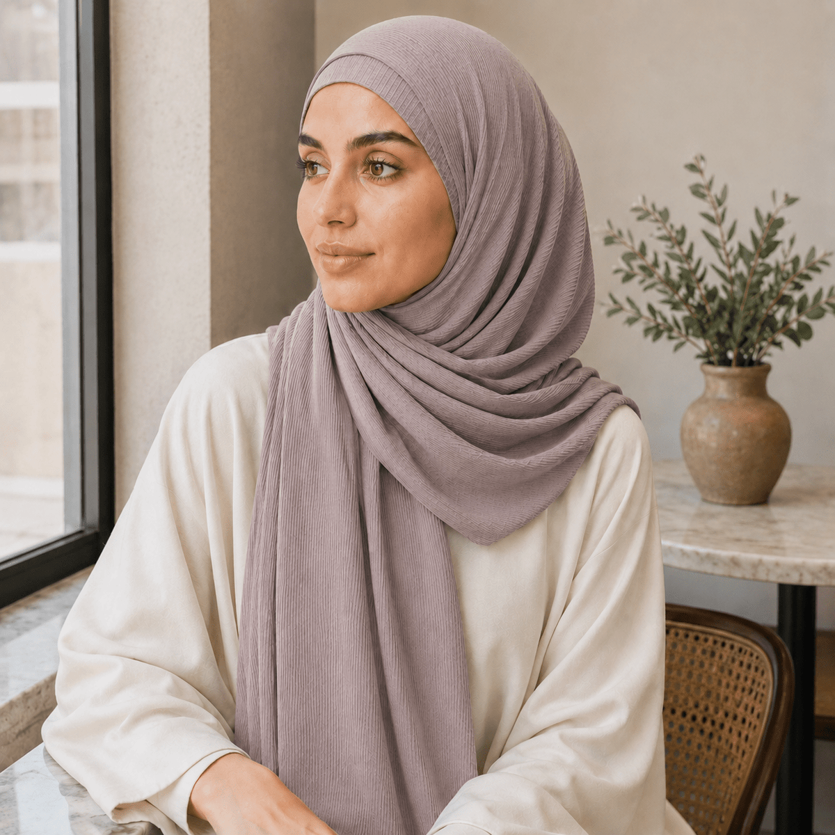 RY225 Mauve Taupe Cotton Ribbed Jersey Hijab Scarf – Soft Stretch Breathable Headscarf - Raya