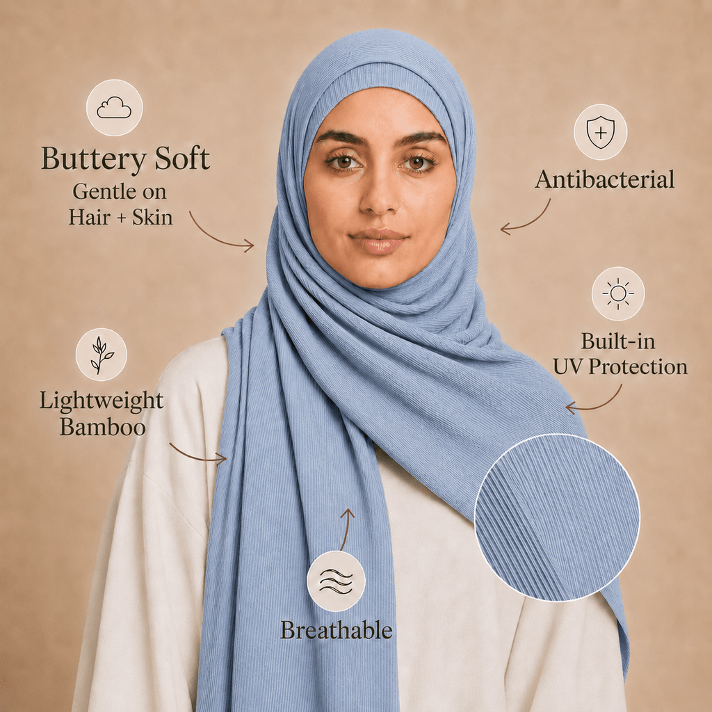 RY226 Powder Blue Cotton Ribbed Jersey Hijab Scarf – Soft Stretch Breathable Headscarf - Raya