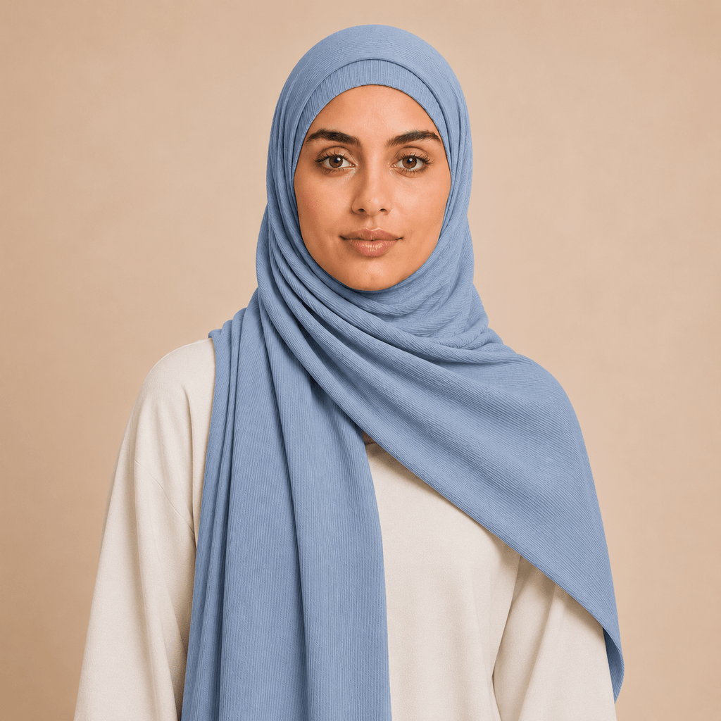 RY226 Powder Blue Cotton Ribbed Jersey Hijab Scarf – Soft Stretch Breathable Headscarf - Raya