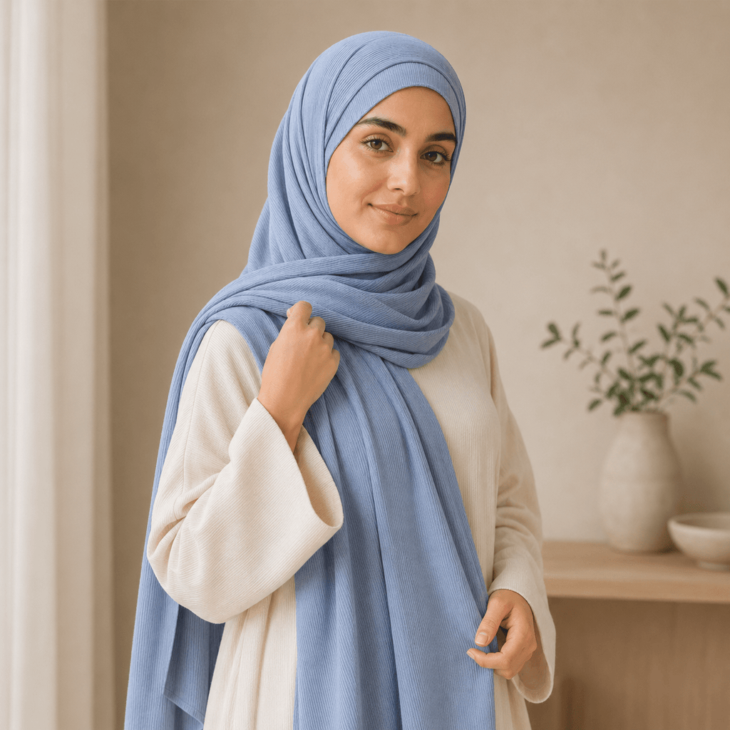 RY226 Powder Blue Cotton Ribbed Jersey Hijab Scarf – Soft Stretch Breathable Headscarf - Raya