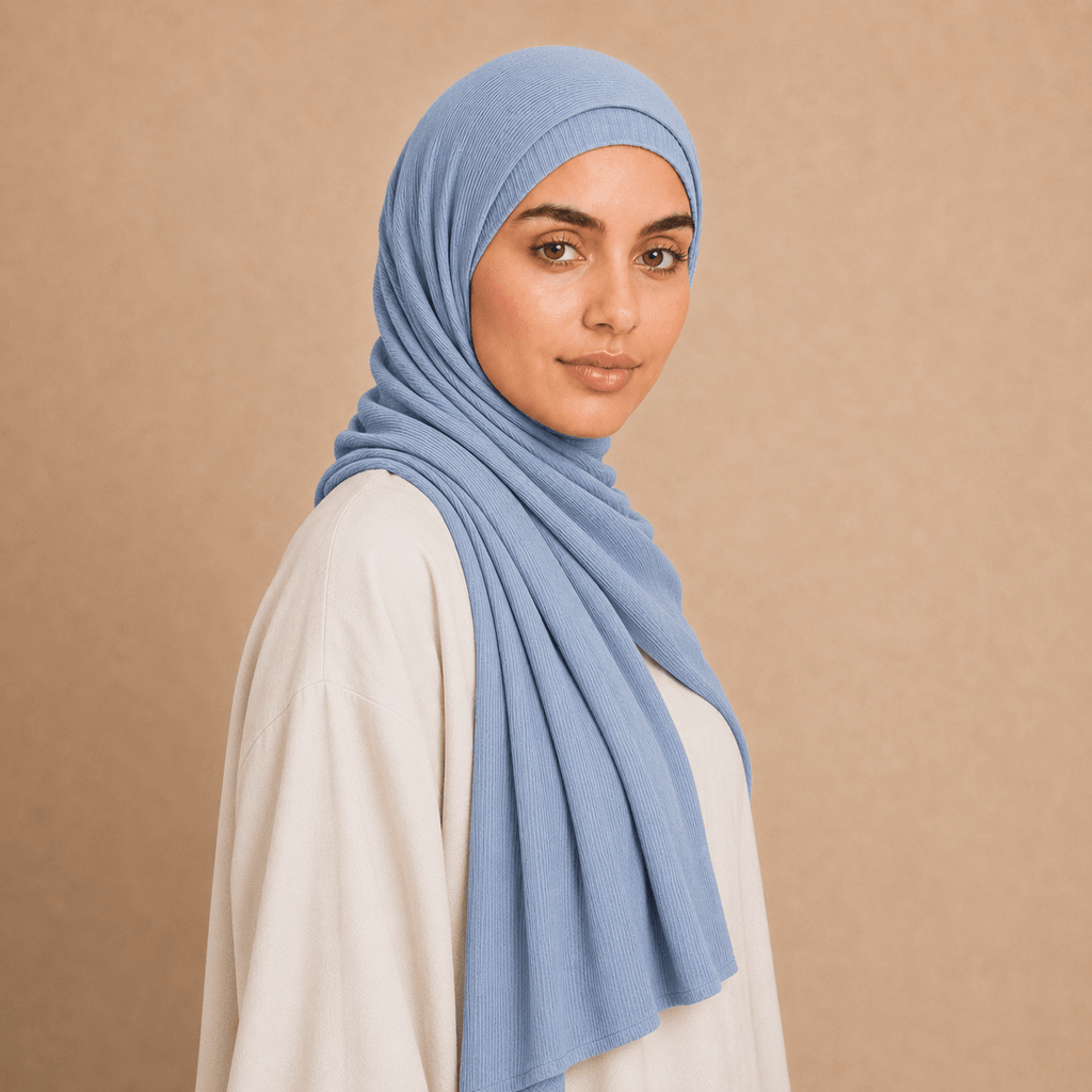 RY226 Powder Blue Cotton Ribbed Jersey Hijab Scarf – Soft Stretch Breathable Headscarf - Raya