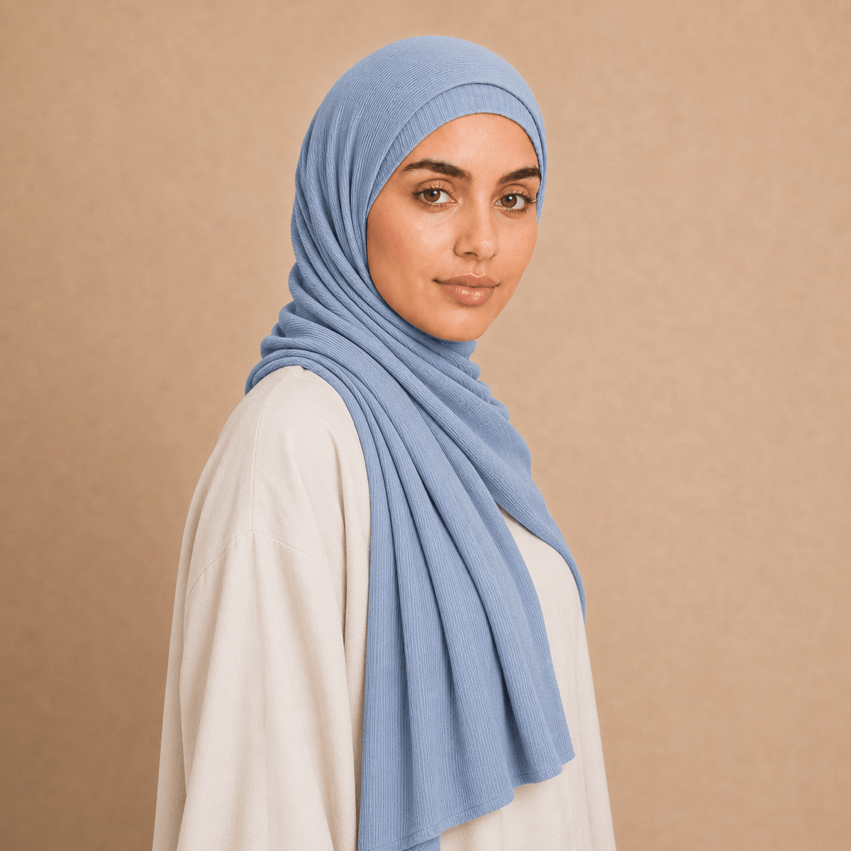 RY226 Powder Blue Cotton Ribbed Jersey Hijab Scarf – Soft Stretch Breathable Headscarf - Raya