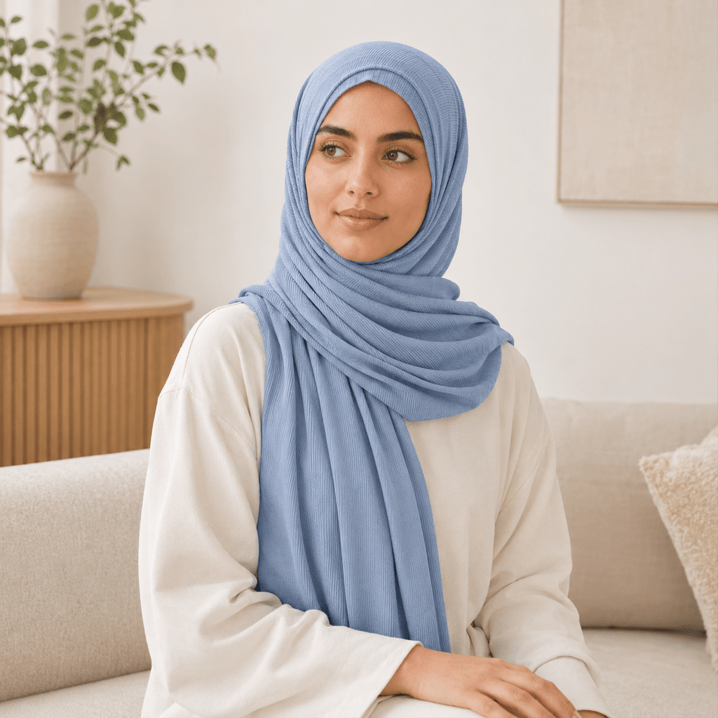 RY226 Powder Blue Cotton Ribbed Jersey Hijab Scarf – Soft Stretch Breathable Headscarf - Raya