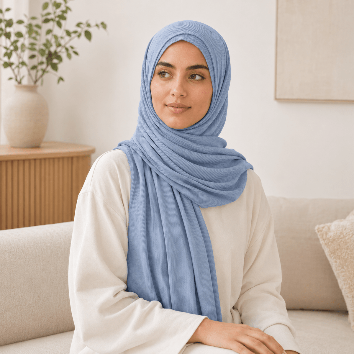 RY226 Powder Blue Cotton Ribbed Jersey Hijab Scarf – Soft Stretch Breathable Headscarf - Raya