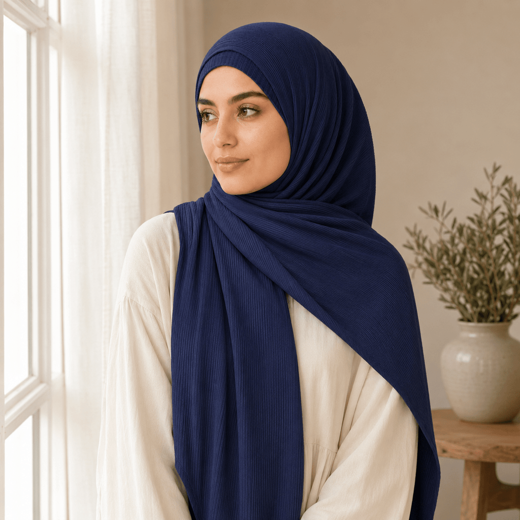 RY229 Midnight Navy Cotton Ribbed Hijab Scarf – Soft Breathable Headscarf - Raya