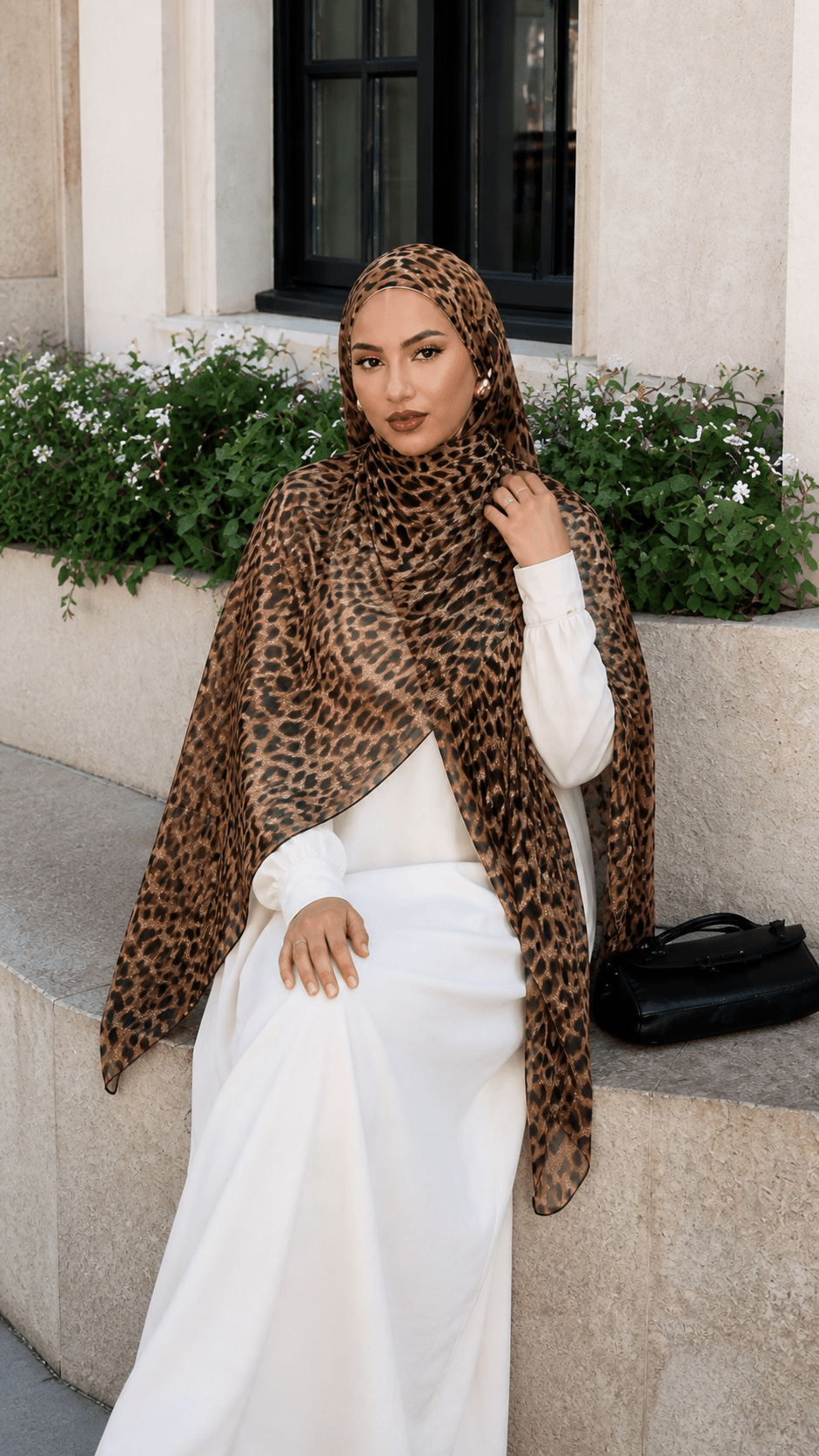 RY23 Leopard Print Hijab Shawl – Caramel Brown & Black Animal Print Women's Head Scarf (80×180cm) - Raya