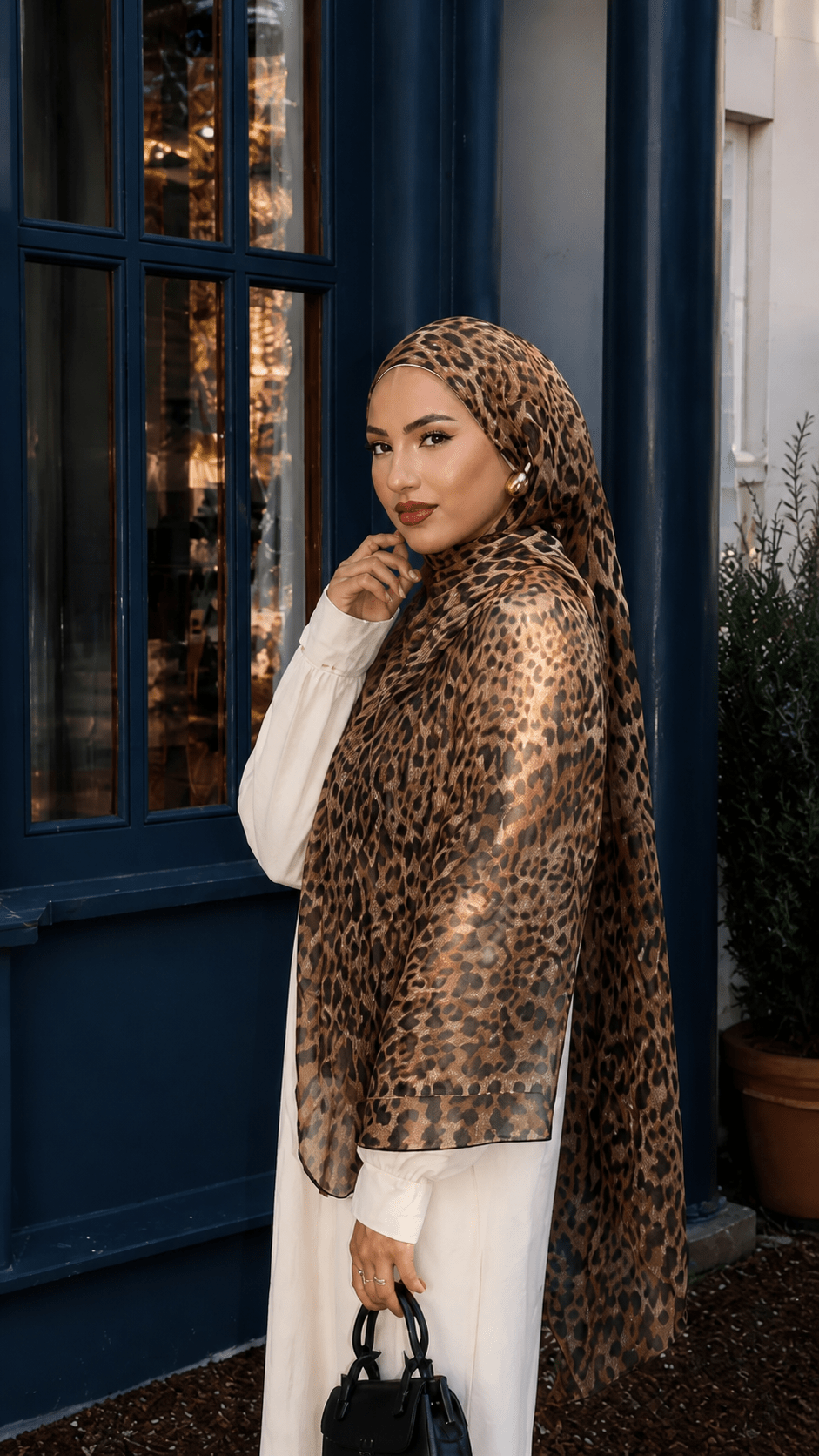 RY23 Leopard Print Hijab Shawl – Caramel Brown & Black Animal Print Women's Head Scarf (80×180cm) - Raya