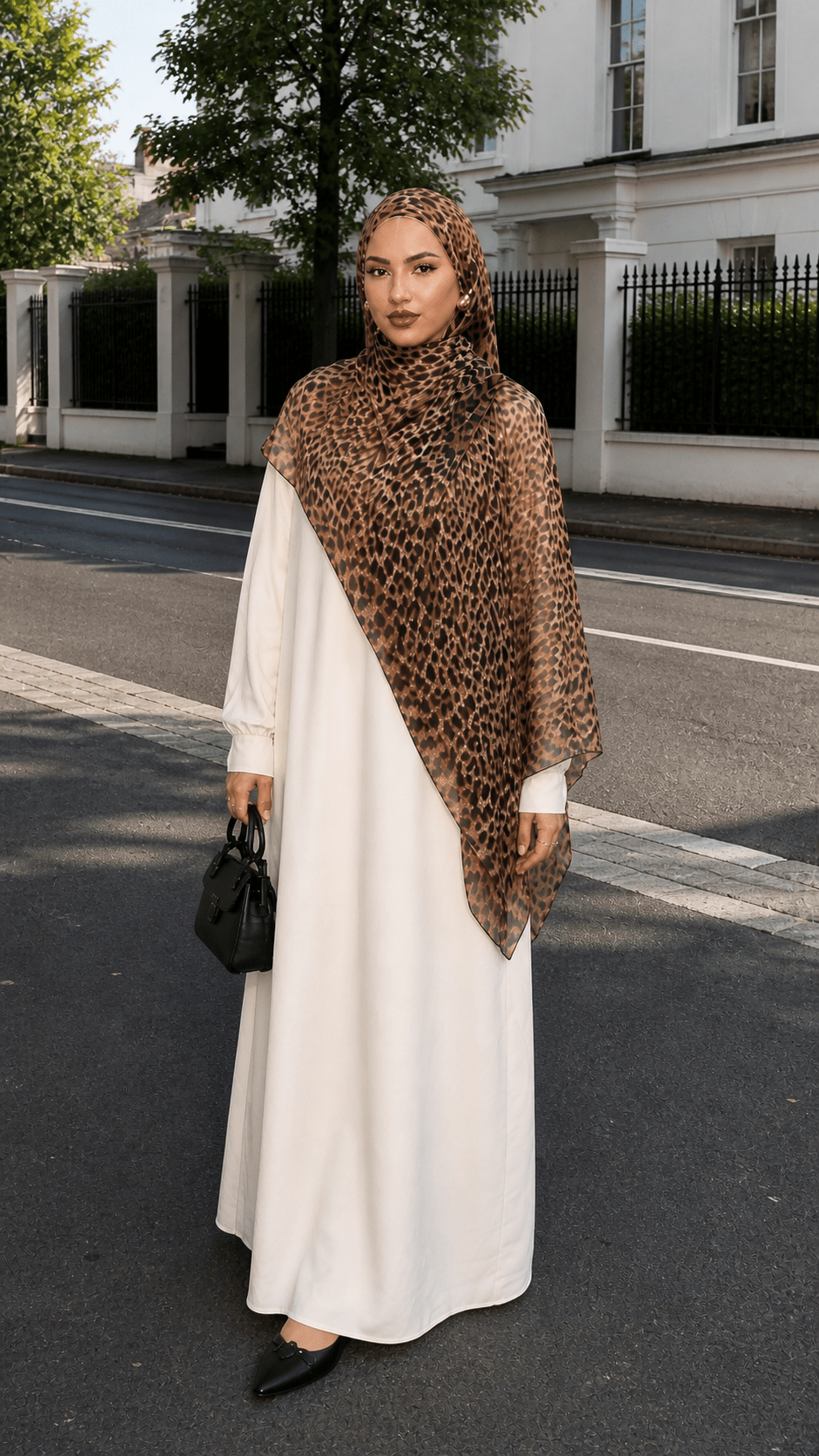 RY23 Leopard Print Hijab Shawl – Caramel Brown & Black Animal Print Women's Head Scarf (80×180cm) - Raya