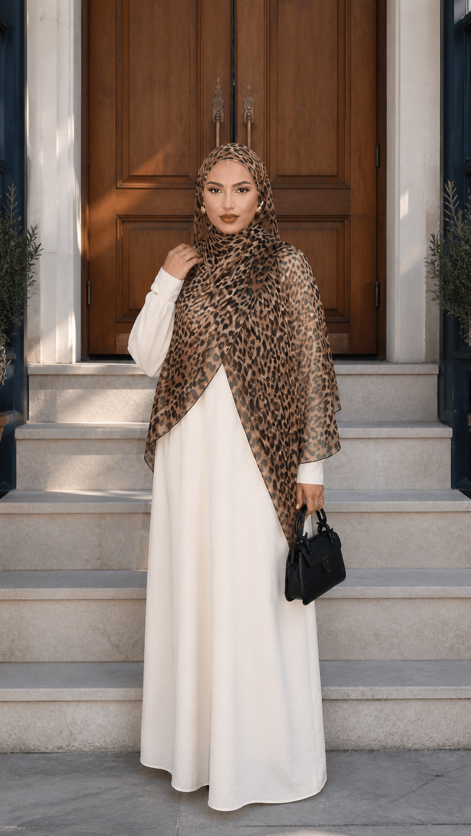 RY23 Leopard Print Hijab Shawl – Caramel Brown & Black Animal Print Women's Head Scarf (80×180cm) - Raya