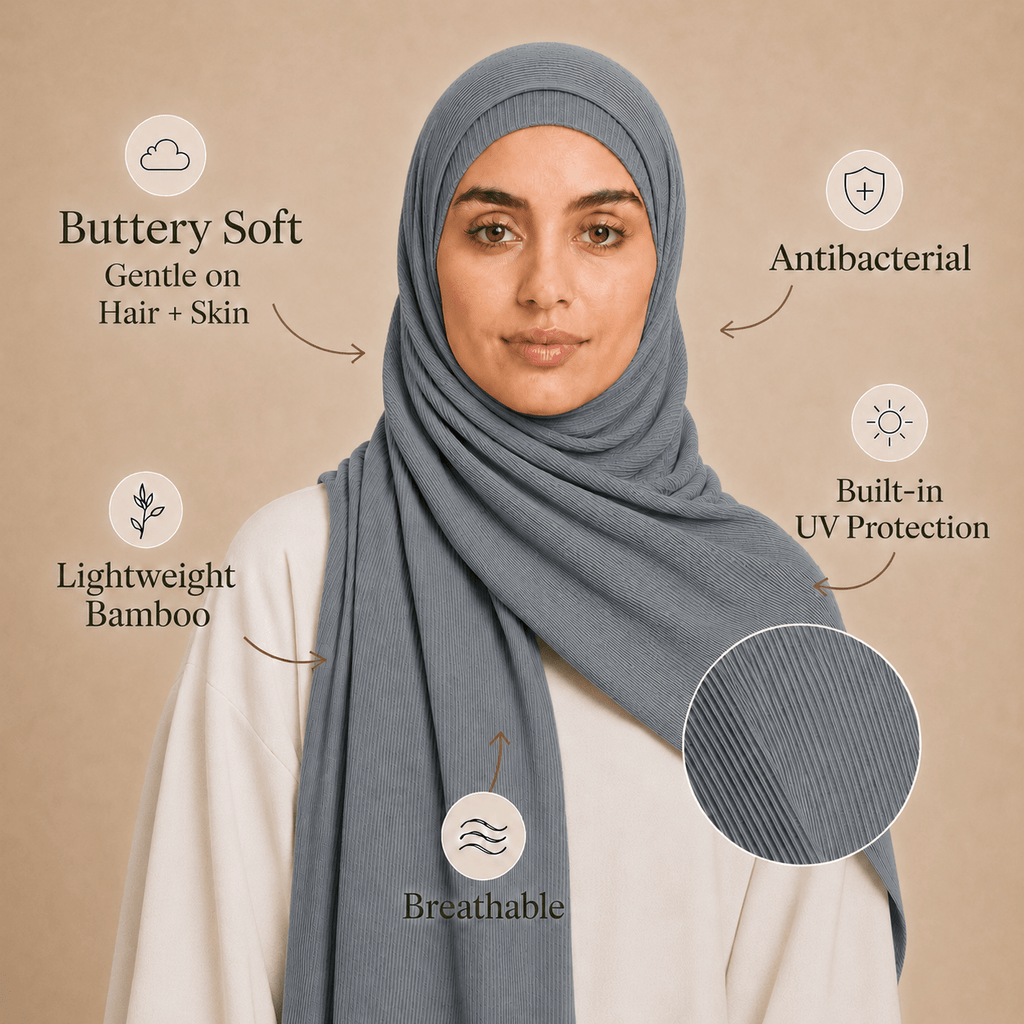 RY230 Slate Blue Grey Cotton Ribbed Jersey Hijab Scarf – Soft Stretch Breathable Headscarf - Raya