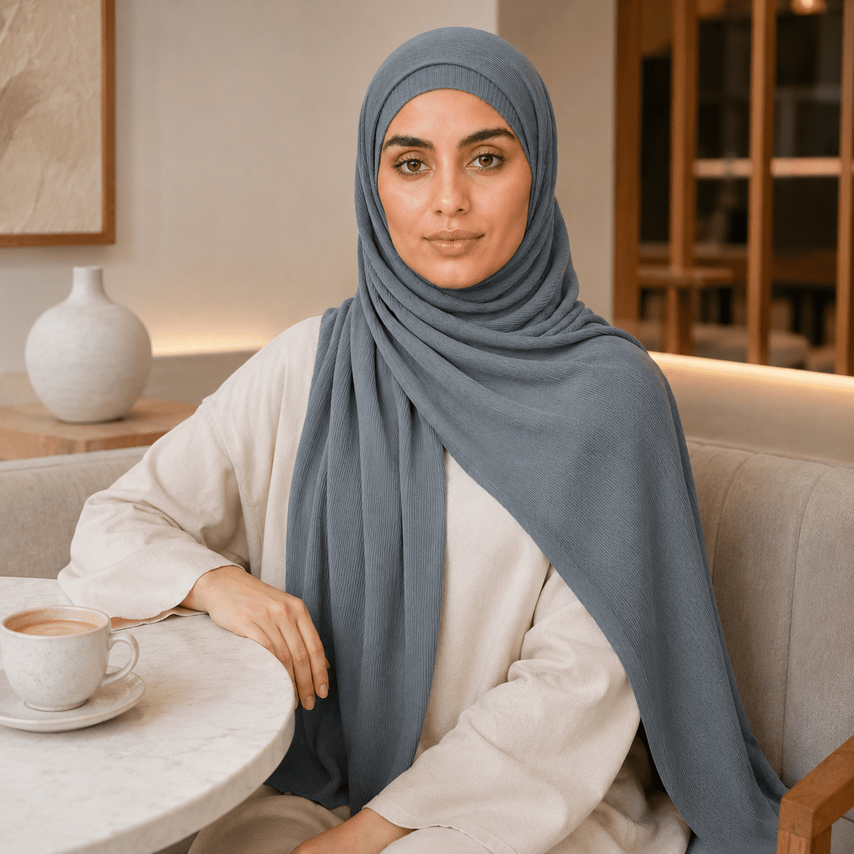 RY230 Slate Blue Grey Cotton Ribbed Jersey Hijab Scarf – Soft Stretch Breathable Headscarf - Raya