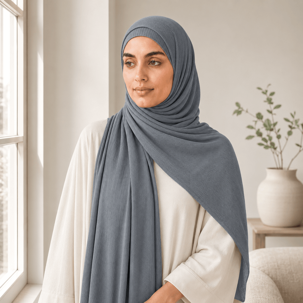 RY230 Slate Blue Grey Cotton Ribbed Jersey Hijab Scarf – Soft Stretch Breathable Headscarf - Raya