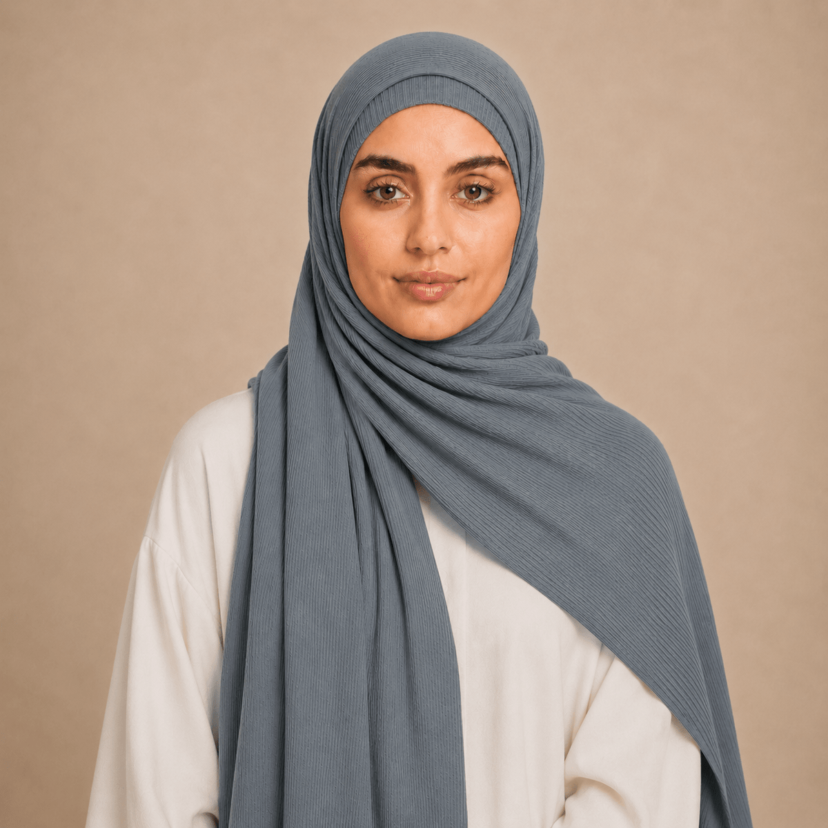 RY230 Slate Blue Grey Cotton Ribbed Jersey Hijab Scarf – Soft Stretch Breathable Headscarf - Raya