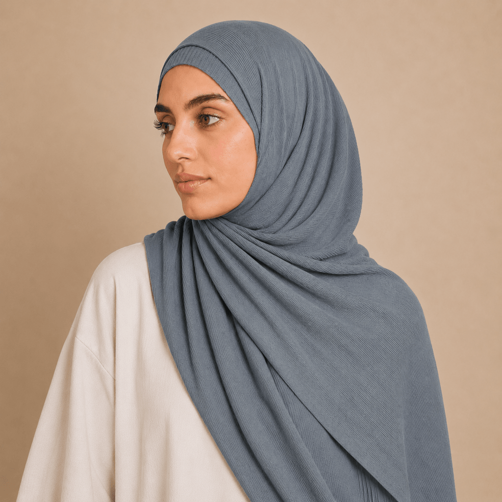 RY230 Slate Blue Grey Cotton Ribbed Jersey Hijab Scarf – Soft Stretch Breathable Headscarf - Raya