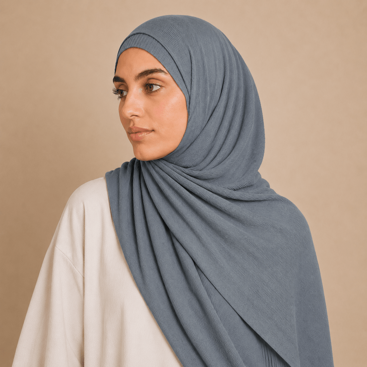 RY230 Slate Blue Grey Cotton Ribbed Jersey Hijab Scarf – Soft Stretch Breathable Headscarf - Raya